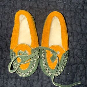 Green and Orange Moccasin Slippers